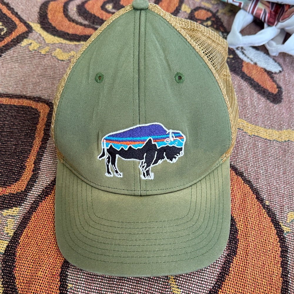 Patagonia Olive Green Trucker Hat with Multicolor Buffalo Patch